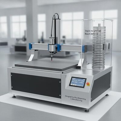5L～20Lの接着剤量を調整可能、圧力0.6～0.8Pa、製造用最大速度1.5M/秒のXY接着剤プロッター