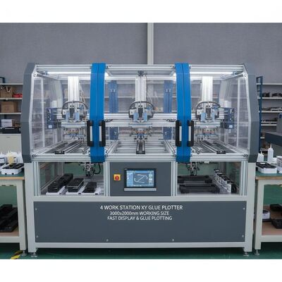 ホットメルトおよびコールド接着剤用途向けの 3000x2000mm の作業サイズを備えた 4 ワークステーション XY 接着剤プロッター